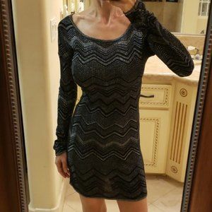 Express Long Sleeve Black & Silver Sparkly Knit Chevron Mini Dress, XS. NWT